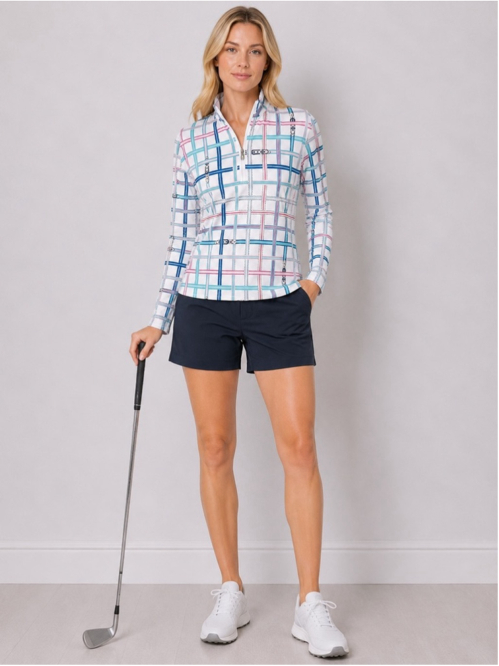 SanSoleil SolCool Print Zip Mock Belt Grosgrain Plaid Blue Pink Golf Top Size L